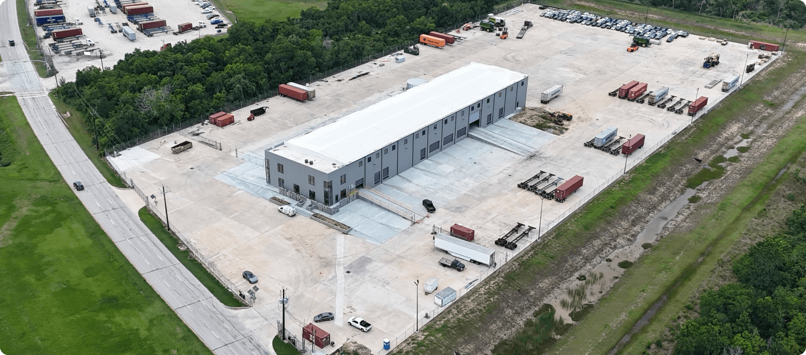 Aerial view of the Atlantic Heavy Loaders yard and warehouse outside Houston